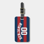 Navy Blue en Red Rugby Stripes Name Number Bagagelabel (Voorkant verticaal)