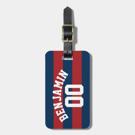 Navy Blue en Red Rugby Stripes Name Number Bagagelabel (Voorkant verticaal)
