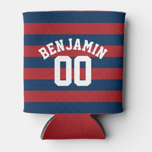 Navy Blue en Red Rugby Stripes Name Number Blikjeskoeler (Voorkant)