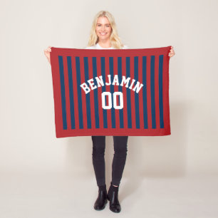Navy Blue en Red Rugby Stripes Name Number Fleece Deken