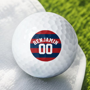 Navy Blue en Red Rugby Stripes Name Number Golfballen
