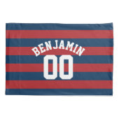Navy Blue en Red Rugby Stripes Name Number Kussensloop (Achterkant)