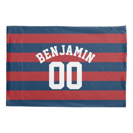 Navy Blue en Red Rugby Stripes Name Number Kussensloop (Achterkant)