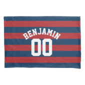 Navy Blue en Red Rugby Stripes Name Number Kussensloop (Voorkant)