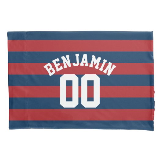 Navy Blue en Red Rugby Stripes Name Number Kussensloop (Voorkant)