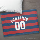 Navy Blue en Red Rugby Stripes Name Number Kussensloop