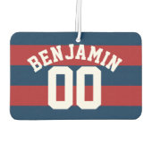 Navy Blue en Red Rugby Stripes Name Number Luchtverfrisser (Achterkant)
