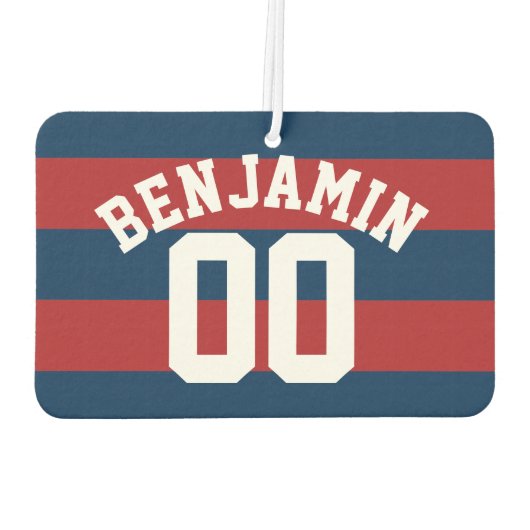 Navy Blue en Red Rugby Stripes Name Number Luchtverfrisser (Achterkant)