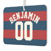 Navy Blue en Red Rugby Stripes Name Number Luchtverfrisser (Links)