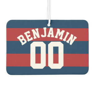 Navy Blue en Red Rugby Stripes Name Number Luchtverfrisser