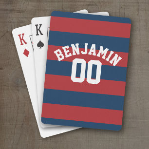 Navy Blue en Red Rugby Stripes Name Number Pokerkaarten