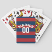Navy Blue en Red Rugby Stripes Name Number Pokerkaarten (Achterkant)