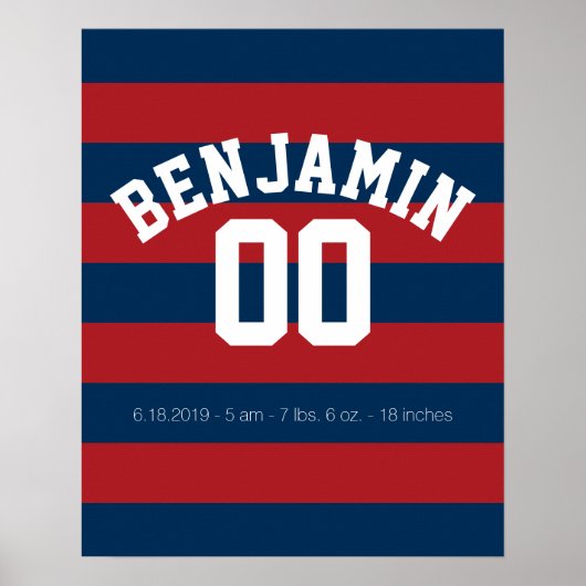 Navy Blue en Red Rugby Stripes Name Number Poster (Voorkant)