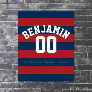 Navy Blue en Red Rugby Stripes Name Number Poster