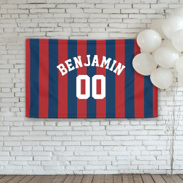 Navy Blue en Red Rugby Stripes Name Number Spandoek