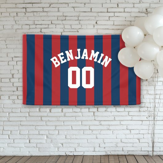 Navy Blue en Red Rugby Stripes Name Number Spandoek