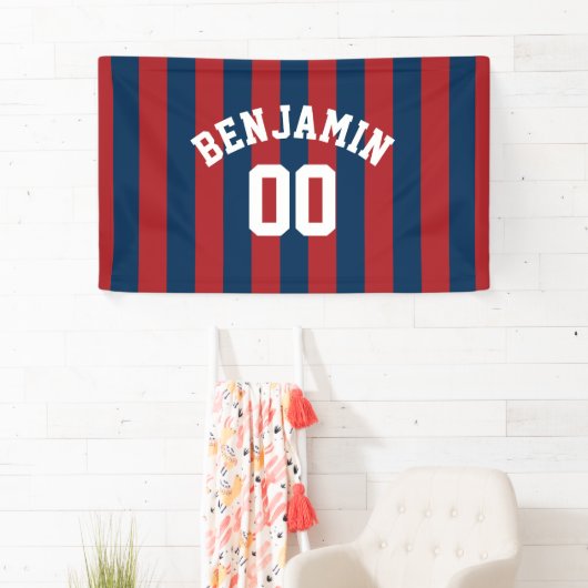 Navy Blue en Red Rugby Stripes Name Number Spandoek (Insitu)