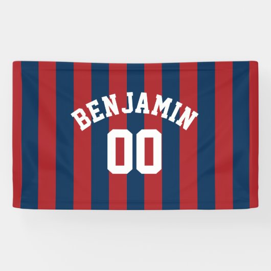 Navy Blue en Red Rugby Stripes Name Number Spandoek (Horizontaal)