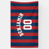 Navy Blue en Red Rugby Stripes Name Number Spandoek (Verticaal)