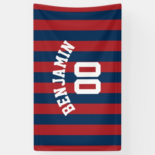 Navy Blue en Red Rugby Stripes Name Number Spandoek (Verticaal)
