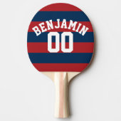 Navy Blue en Red Rugby Stripes Name Number Tafeltennisbatje (Voorkant)