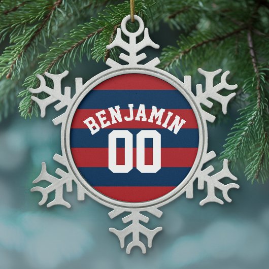 Navy Blue en Red Rugby Stripes Name Number Tin Sneeuwvlok Ornament