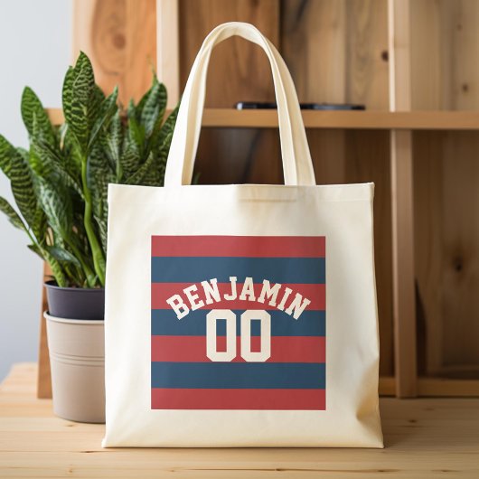 Navy Blue en Red Rugby Stripes Name Number Tote Bag