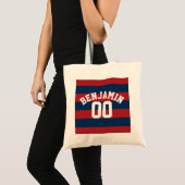 Navy Blue en Red Rugby Stripes Name Number Tote Bag (Voorkant (product))