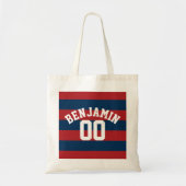 Navy Blue en Red Rugby Stripes Name Number Tote Bag (Voorkant)