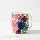 Navy Blue en Red waterverf boho chic Flowers Koffiemok (Voorkant rechts)