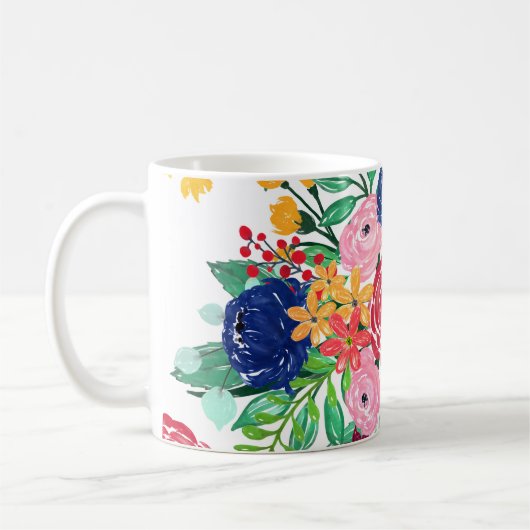 Navy Blue en Red waterverf boho chic Flowers Koffiemok (Links)