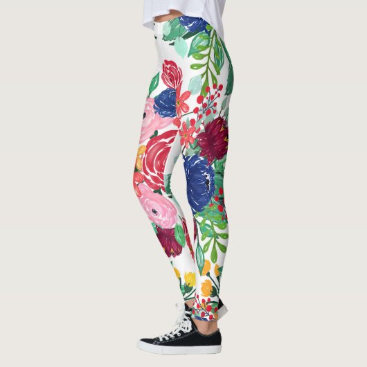Navy Blue en Red waterverf boho chic Flowers Leggings (Links)