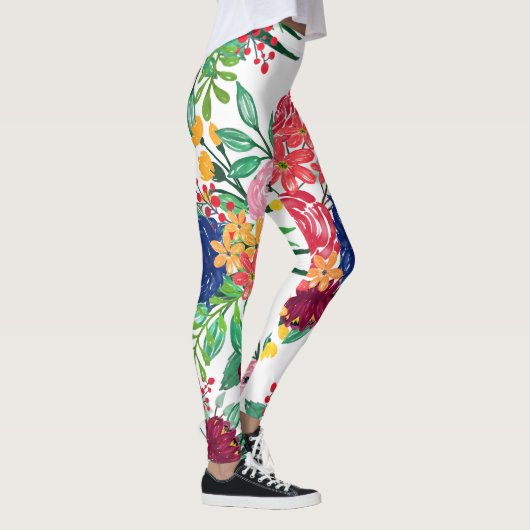 Navy Blue en Red waterverf boho chic Flowers Leggings (Rechts)