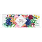 Navy Blue en Red waterverf boho chic Flowers Naambadge (Voorkant)