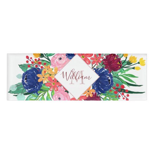 Navy Blue en Red waterverf boho chic Flowers Naambadge (Voorkant)