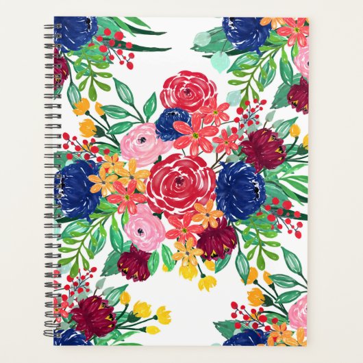 Navy Blue en Red waterverf boho chic Flowers Planner (Voorkant)
