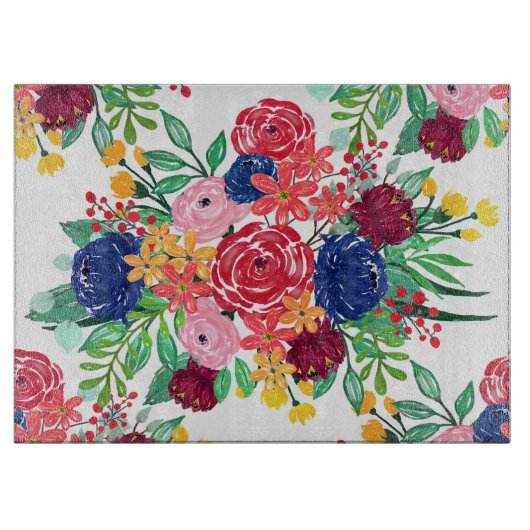 Navy Blue en Red waterverf boho chic Flowers Snijplank (Voorkant)