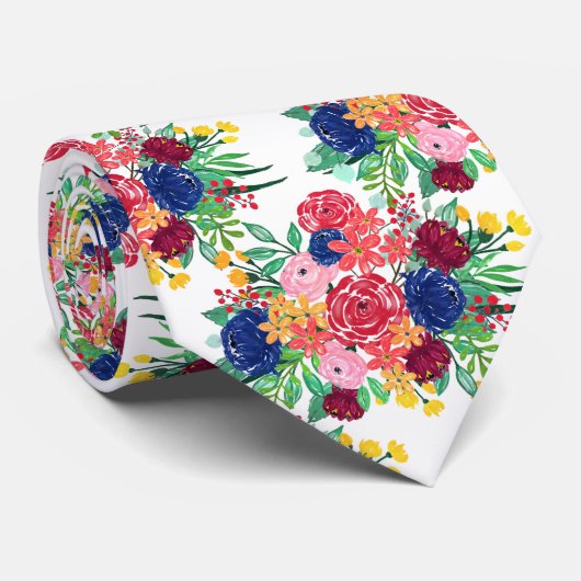 Navy Blue en Red waterverf boho chic Flowers Stropdas (Opgerold)