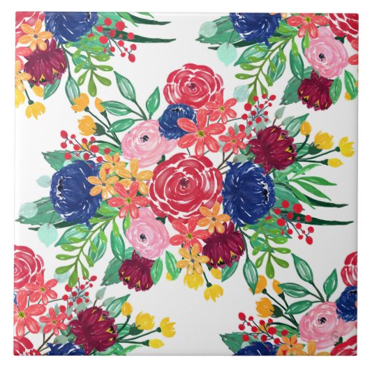 Navy Blue en Red waterverf boho chic Flowers Tegeltje (Voorkant)