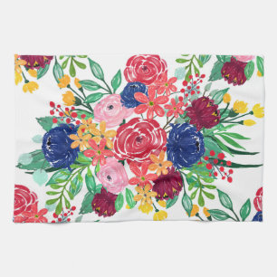 Navy Blue en Red waterverf boho chic Flowers Theedoek