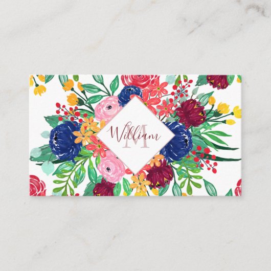 Navy Blue en Red waterverf boho chic Flowers Visitekaartje (Voorkant)