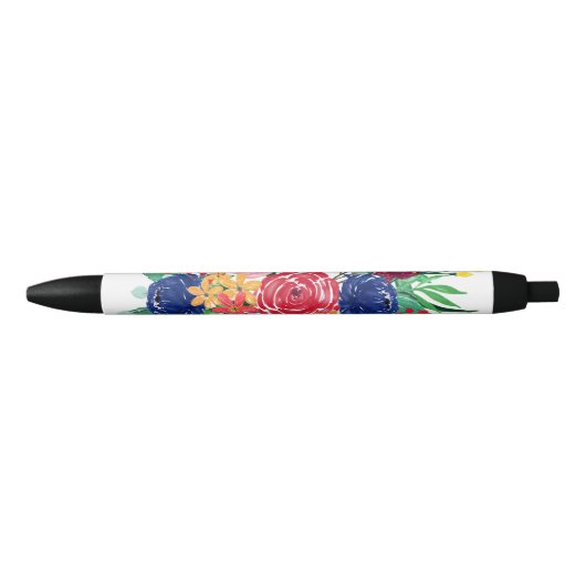 Navy Blue en Red waterverf boho chic Flowers Zwarte Inkt Pen (Voorkant)