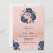 Navy Blue en Roos Gold Bloemen Trouwdouche Kaart (Voorkant)