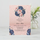 Navy Blue en Roos Gold Bloemen Trouwdouche Kaart (Staand voorkant)