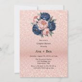 Navy Blue en Roos Gold Bloemen Trouwdouche Kaart (Voorkant)