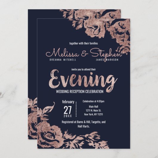 Navy Blue en Roos Gold Bloemenavond Kaart (Voorkant / Achterkant)