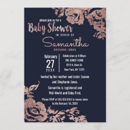 Navy Blue en Roos Gold Floral Baby shower Kaart