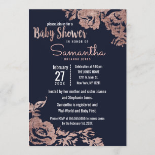 Navy Blue en Roos Gold Floral Baby shower Kaart