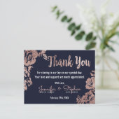 Navy Blue en Roos Gold Floral Dank u Briefkaart (Staand voorkant)