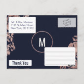 Navy Blue en Roos Gold Floral Dank u Briefkaart (Achterkant)